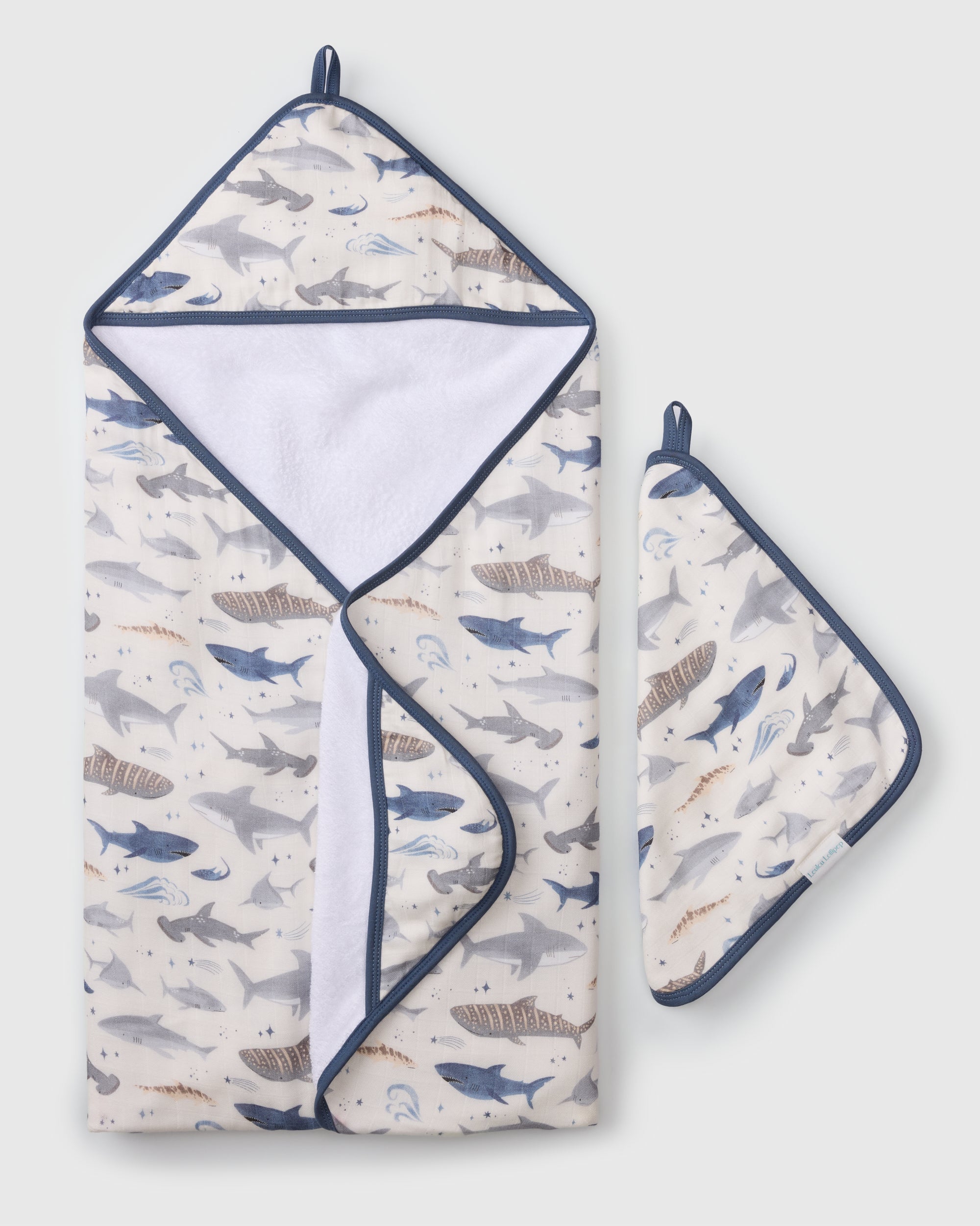 Loulou Lollipop hooded baby towel set in Smiley Sharks — front view on white background