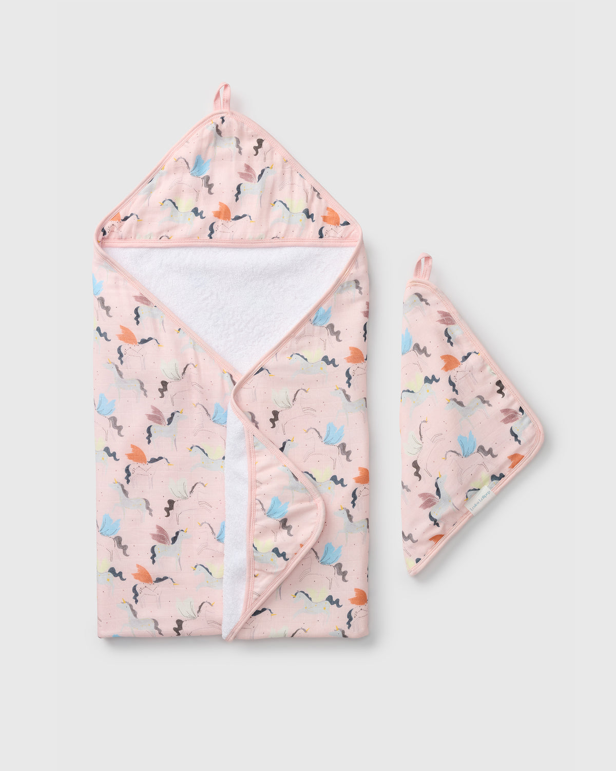 Loulou Lollipop hooded baby towel set in Unicorn Ballet — front view on white background