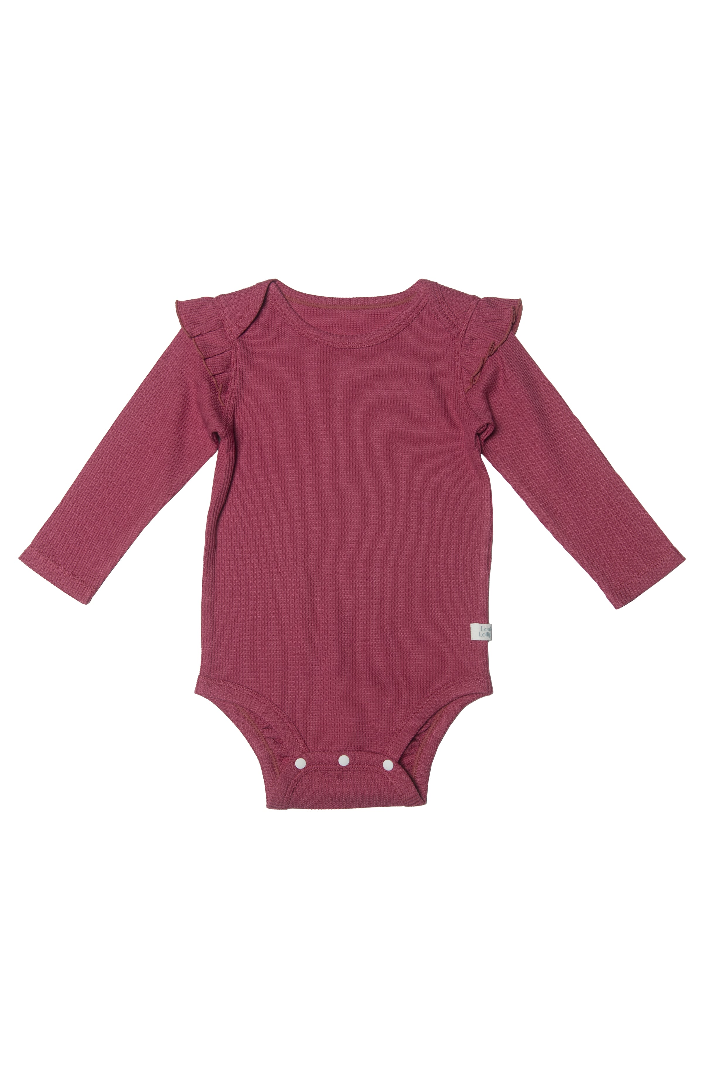 Loulou Lollipop Waffle Long Sleeve Ruffle Bodysuit in Mauvewood — front view on white background