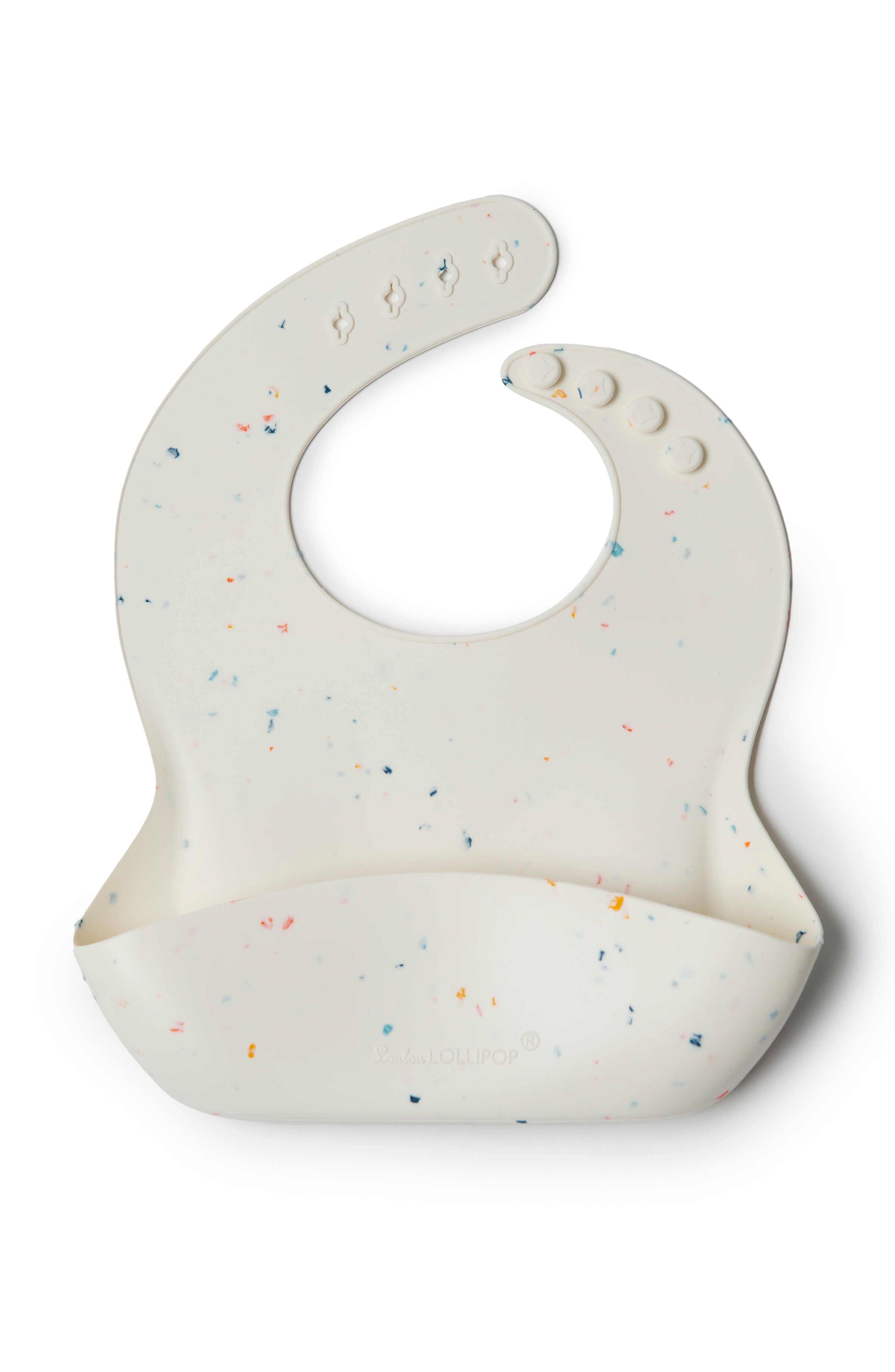 Loulou Lollipop FDA-compliant food-grade silicone baby bib in Confetti Cream — front view on white background